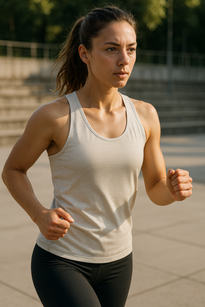 An image illustrating Podkoszulki sportowe damskie na lato – oddychające i lekkie. Kompletny przewodnik po letnich topach treningowych