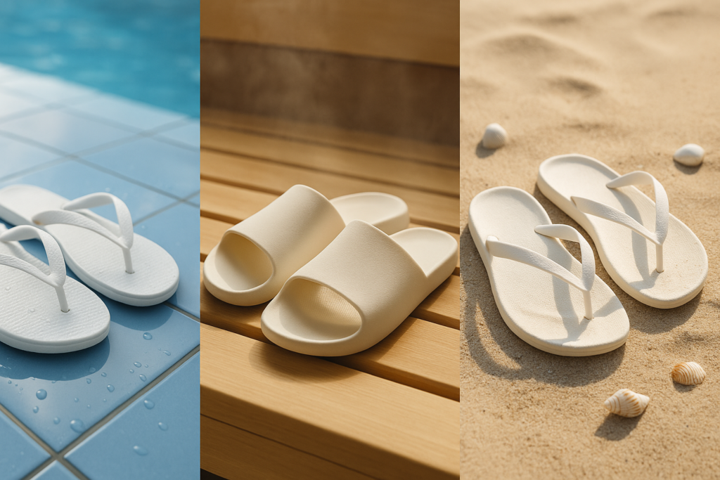 Różne rodzaje klapek na basen, saunę i plażę ułożone na drewnianej powierzchni