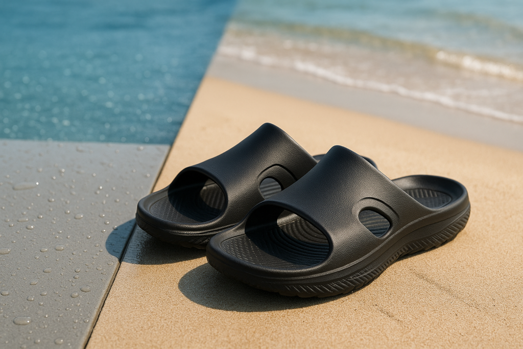 Sportowe klapki na basen i plażę na tle plaży i wody